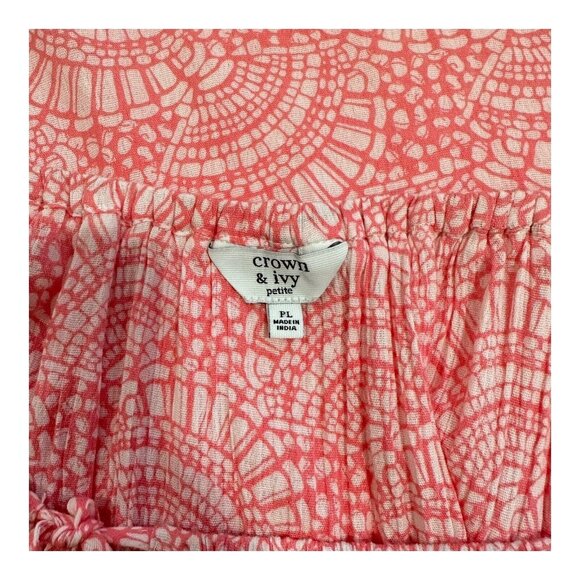 Crown & Ivy Women sz L Petite  Coral Top Blouse Tie Collar Neck Crochet Detail - Picture 3 of 15